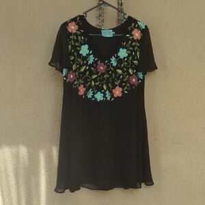 Judith March Black Mini Dress with Floral Embroidery